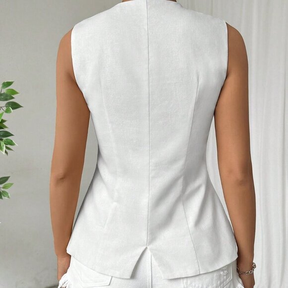 White Casual Women's Solid Button Front Vest Blazer - Picture 2 of 7